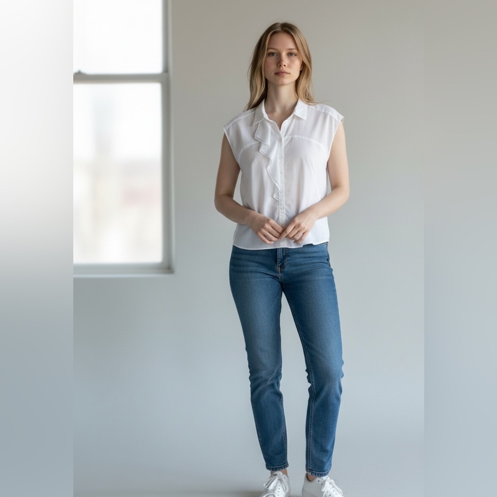 Ann Taylor White Sleeveless Ruffled Button Down Shirt